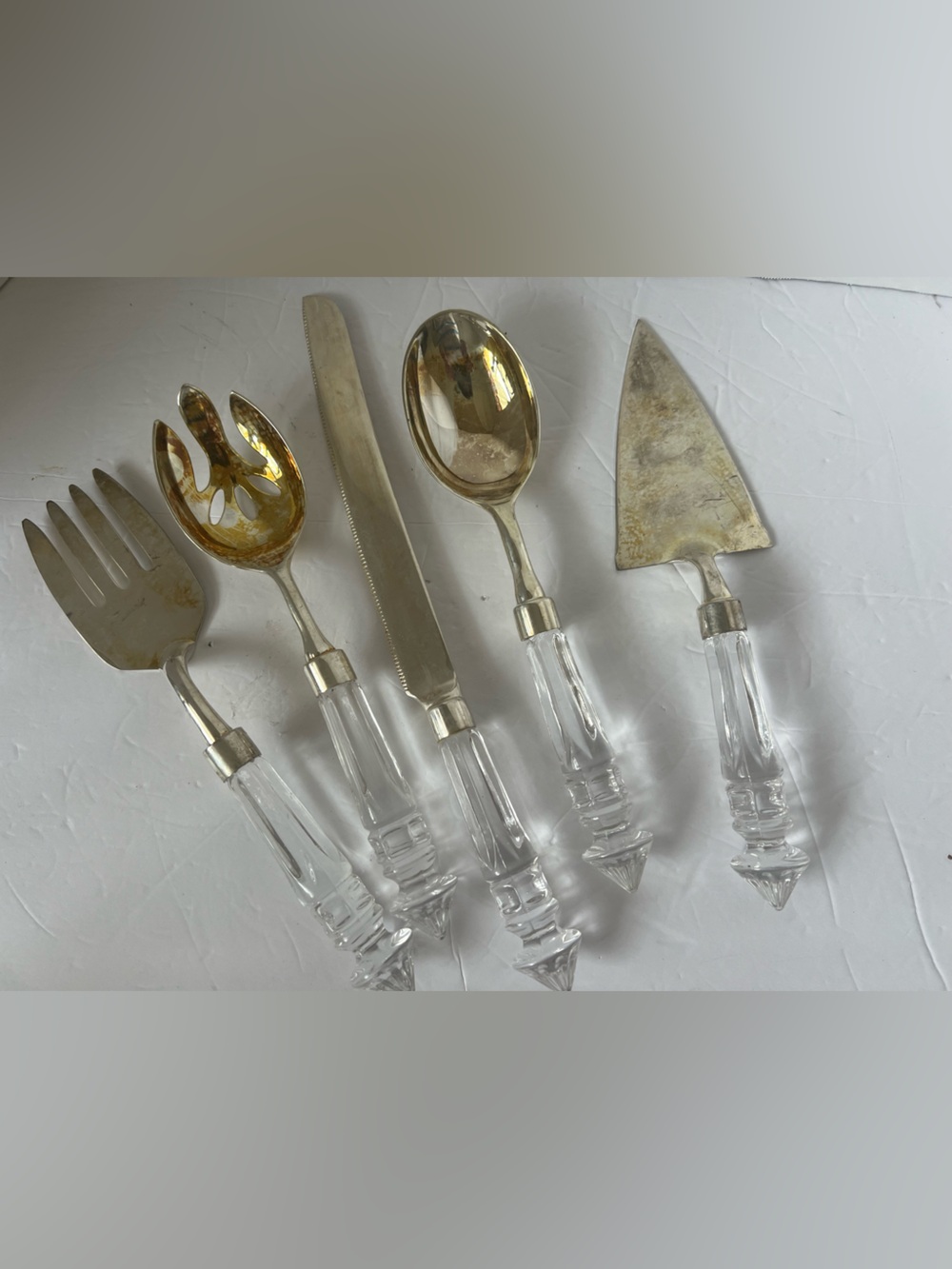 Vintage Silverplate Serving Set Glass Handles Salad Fork Spoon Knife Server MCM